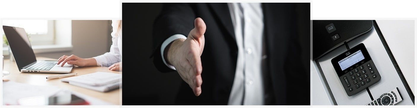 Woman working on a laptop, businessman reaching out to shake hands and a calculator Woman working on a laptop, businessman reaching out to shake hands and a calculator